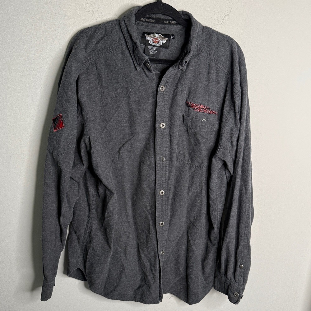 Harley Davidson Men's XL Tall Vintage Gray Button Up‎ Shirt Biker Embroidered